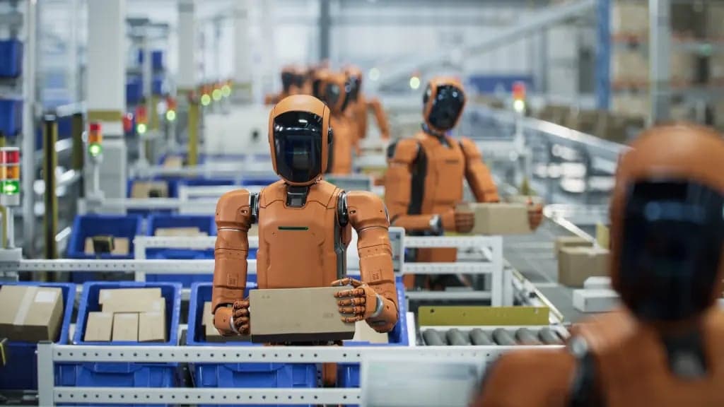 Several orange and black humanoid robots work alongside blue storage bins and conveyor belts in a warehouse, one holding a cardboard box