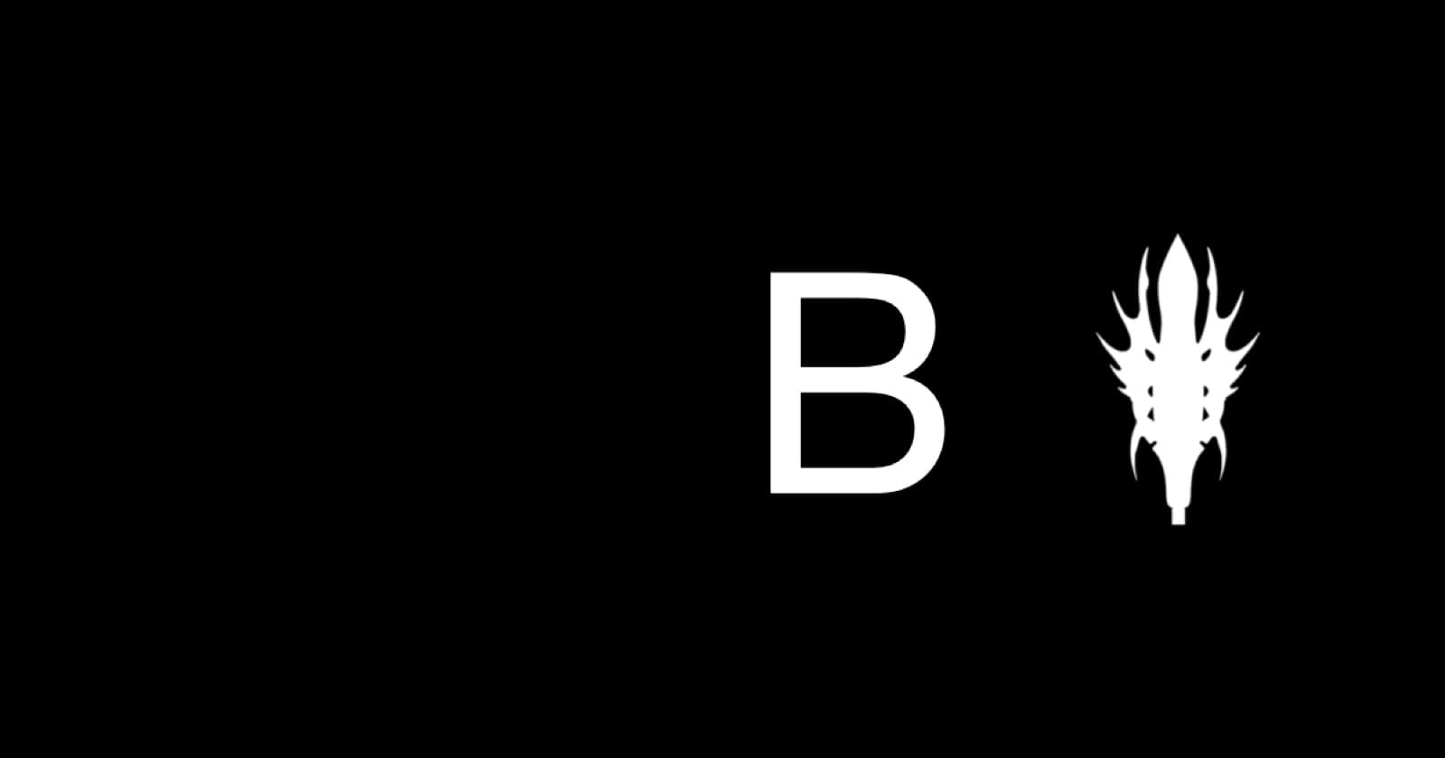 A white letter B and an ornate crest-shaped emblem, the BAIUM.net and Arcana Mace marks, side by side on a black background